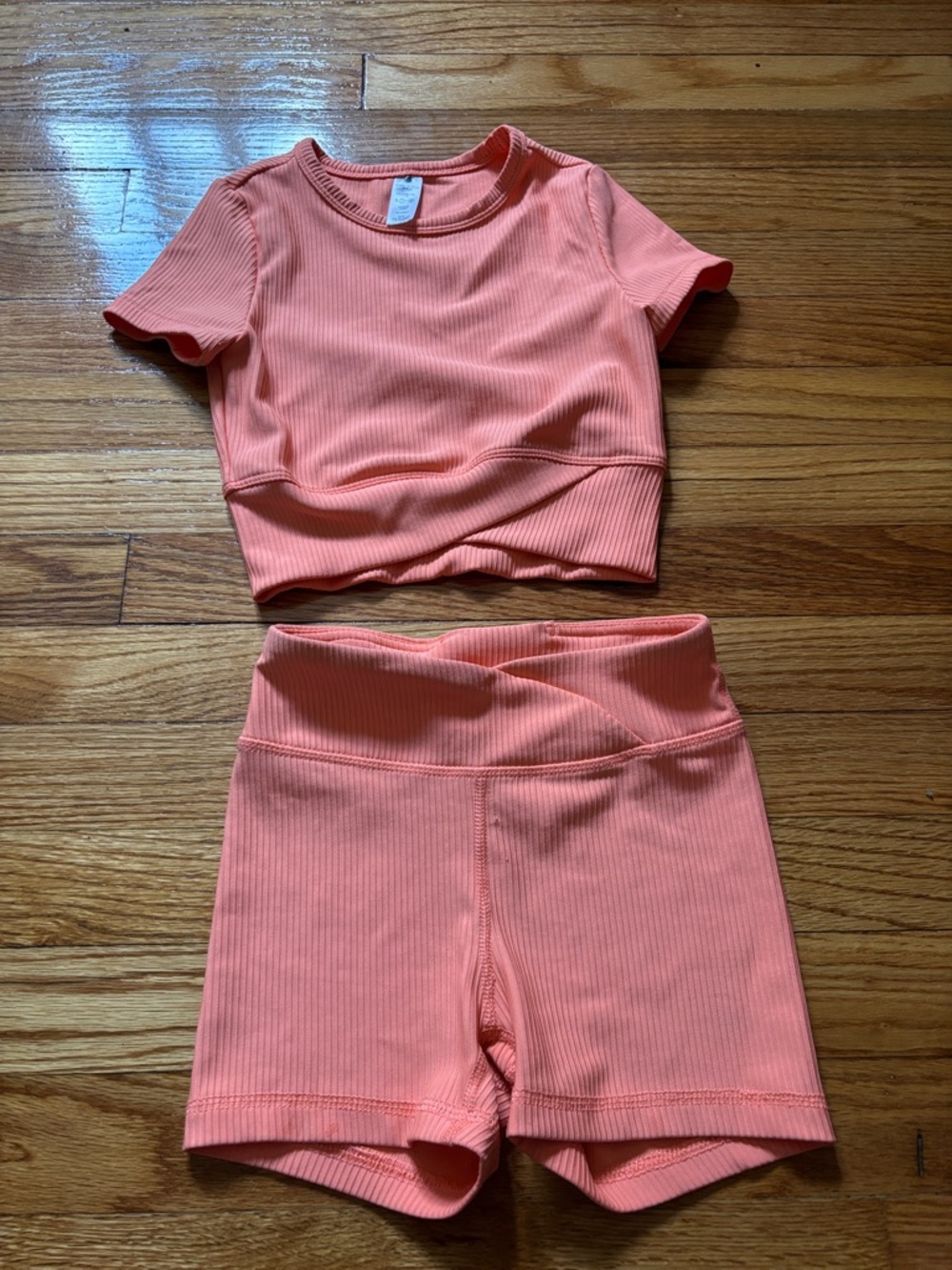 Yogalicious Girls Ribbed Coral Crop Top & High-Waist Bike Shorts Set
